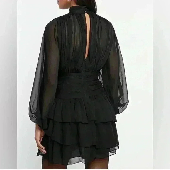 NWT  Express Mock Neck Long Sleeve Pleated Waist Tiered‎ Ruffle Mini Size 0 - Picture 7 of 9
